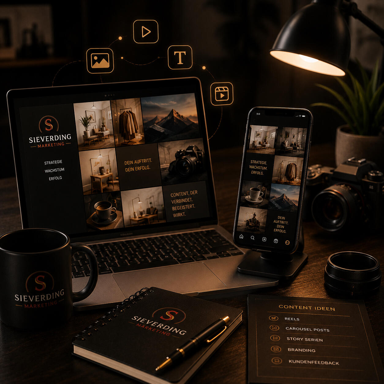 Professionelle Content-Erstellung für Social Media | Sieverding Marketing Modernes Content-Creation-Setup mit Laptop, Smartphone, Kamera und Branding von Sieverding Marketing zur Darstellung professioneller Content-Erstellung für Social Media, Reels, Beiträge und visuelles Branding.